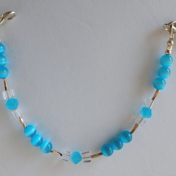 Aqua Blue Beaded Bracelet with Banded Agate Beads Handmade 8 inches - Picture 13 of 16